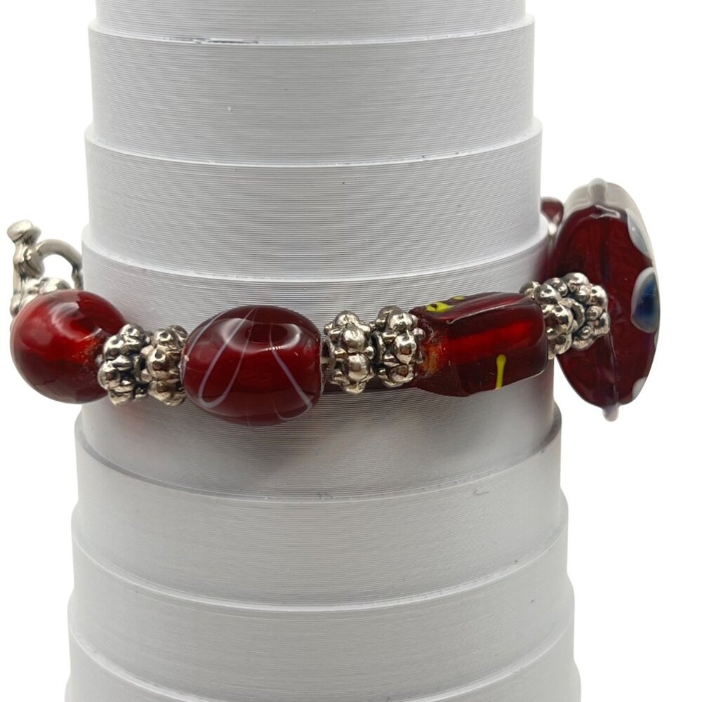 Handcrafted Glass Beads Bracelet Silver-Tone Accents Toggle Clasp Floral 6.25" - Picture 9 of 11